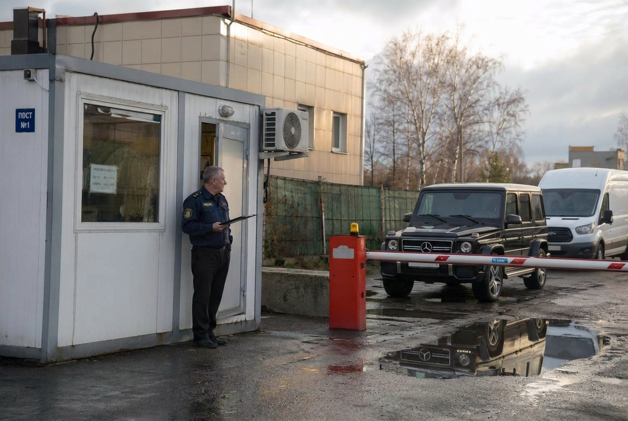 КПП с охранником, шлагбаумом и проходной — пост охраны АРТАУ